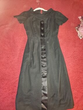 Black Satin-Trim Fit & Flare Midi Dress